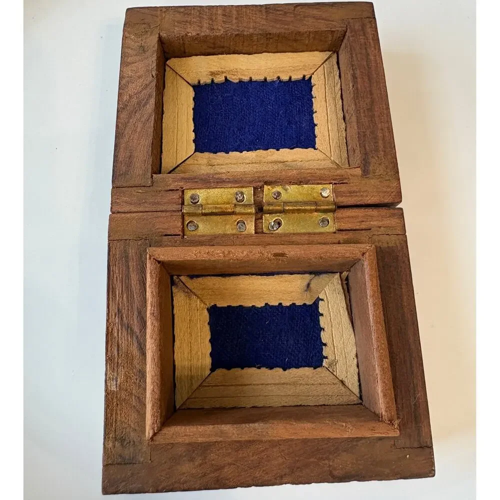 Vintage Folk Art Hand Carved Wood With Inlay Trinket Box